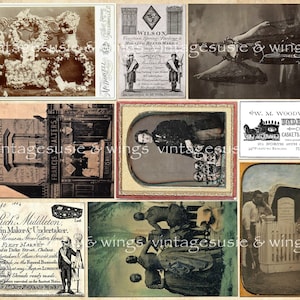 May include: A collage of vintage images featuring funeral home advertisements, including a storefront, a hearse, and a coffin maker's business card. The images are in black and white and have a faded, antique look.