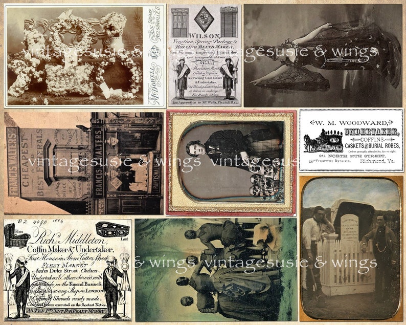 May include: A collage of vintage images featuring funeral home advertisements, including a storefront, a hearse, and a coffin maker's business card. The images are in black and white and have a faded, antique look.