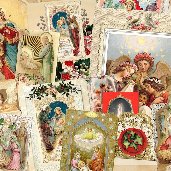 Gorgeous Vintage CHRISTMAS HOLY CARD Bundle Stackable Journal Pockets 4 Pages Collage Sheet Digital Download Spiritual Religious Catholic