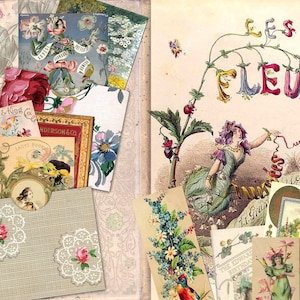 Puede incluir: Una página de álbum de recortes vintage con una variedad de ilustraciones florales y texto. La página presenta una gran ilustración de una mujer rodeada de flores, con el texto "LES FLEURS" sobre ella. La página también incluye varias ilustraciones más pequeñas de flores, así como texto de varios libros y revistas.