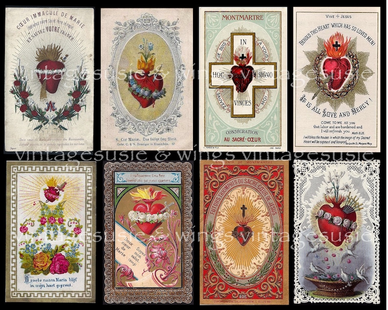 16 Vintage HEART HOLY Card Images 2 Pages Collage Sheet Digital Download Spiritual Religious Junk Journal