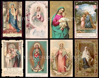 May include: A collage of vintage religious images featuring the Virgin Mary. The images depict Mary in various poses, including holding a baby, praying, and standing on a crescent moon. The images are printed on paper and have a faded, antique look.