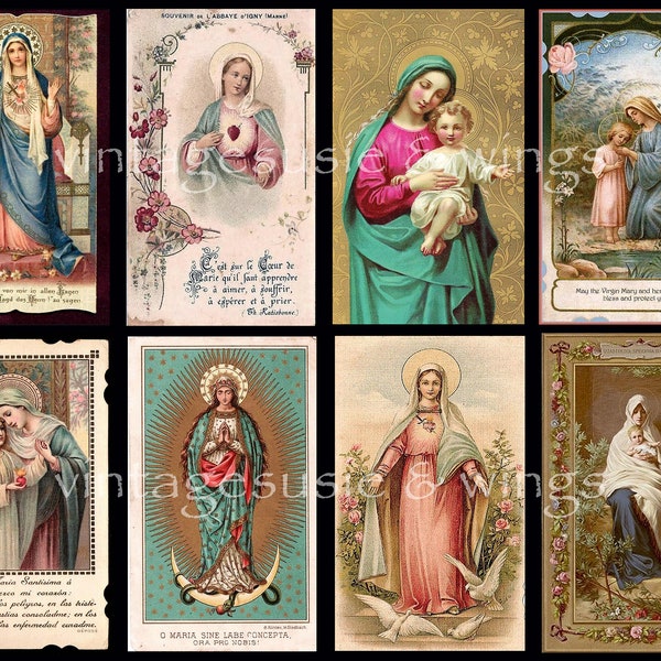 29 Vintage Mother MARY HOLY CARD Images 4 Pages Collage Sheet Digital Download Spiritual Religious Junk Journal