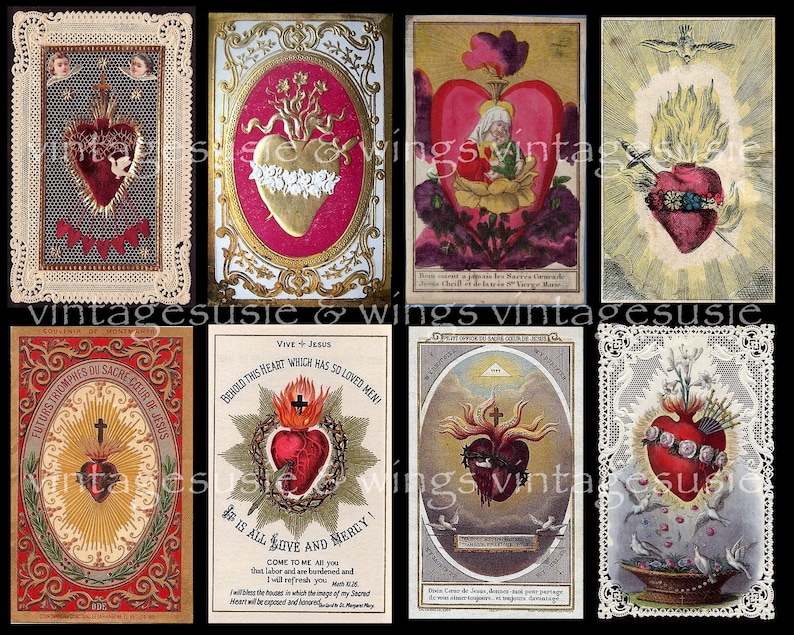 16 Vintage HEART HOLY Card Images 2 Pages Collage Sheet Digital Download Spiritual Religious Junk Journal