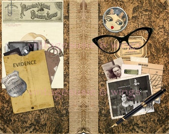 Vintage True Crime LADY DETECTIVE Junk Journal Kit#1, Printable Digital Download, Collage, 5 Pages of BACKGROUNDS