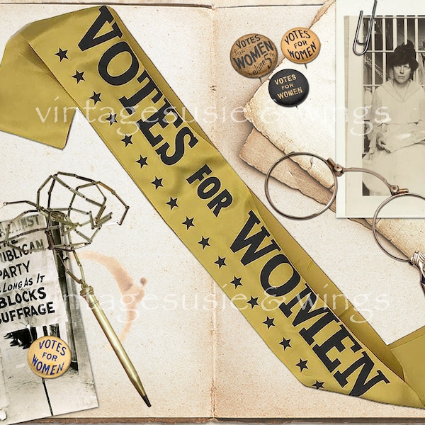 DIGITAL Vintage WOMEN SURRAGETTES, 19th Amendment, Womens Votes Junk Journal Kit#1, Printable Digital Download, Collage, 5 Pages