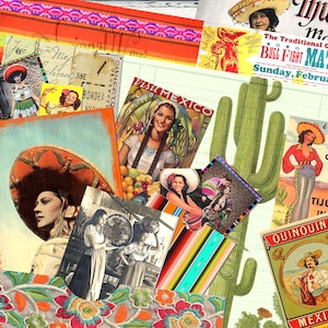 Vintage Bright Mexico Kit 1, Digital Junk Journal Printable, DIGITAL Collage Sheets of Old Mexico, Hispanic, Mexican Ephemera, 5 pages