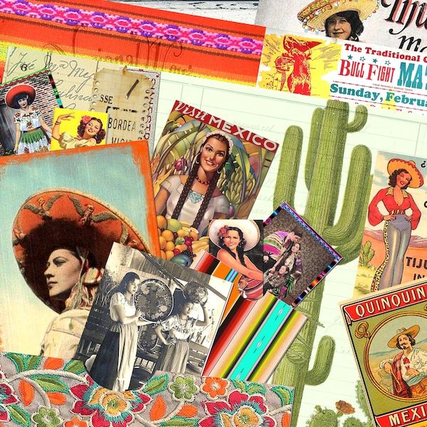 Vintage Bright Mexico Kit 1, Digital Junk Journal Printable, DIGITAL Collage Sheets of Old Mexico, Hispanic, Mexican Ephemera, 5 pages