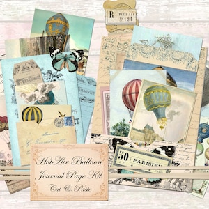 May include: A vintage-style journal page kit with a hot air balloon theme. The kit includes various images, including hot air balloons, butterflies, and text in French. The kit is designed for scrapbooking, journaling, and other paper crafts.