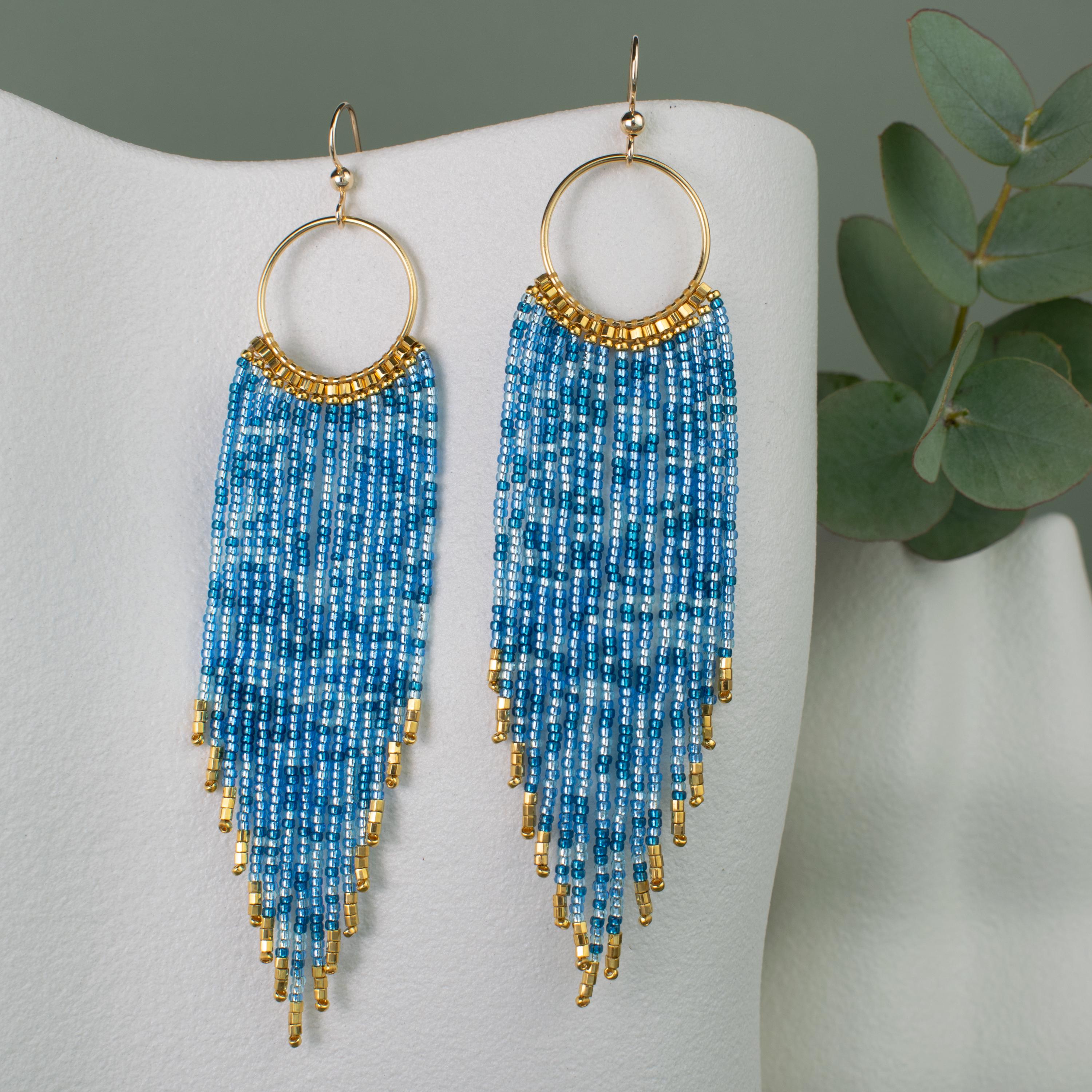 Earrings Azure Blue Gold Long Fringe Earring Lightweight Colourful ...