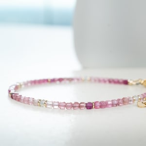 Handmade Pink Tourmaline Ombre Bracelet, Grey Moonstone, Gold Filled