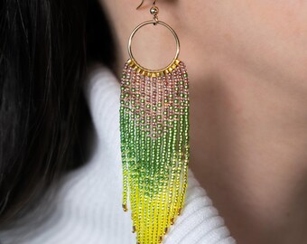 Beaded Fringe Earrings Light Brown Green Yellow 24k Plated Seed Bead Earring 14k Gold Filled Hoop Nature Inspired Handmade Jewelry For Women