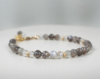 Handmade Moonstone And Oregon Sunstone Bead Bracelet, Grey White And Gold Natural Gemstone Bracelet, Adjustable Quality Jewelry Gift For Her