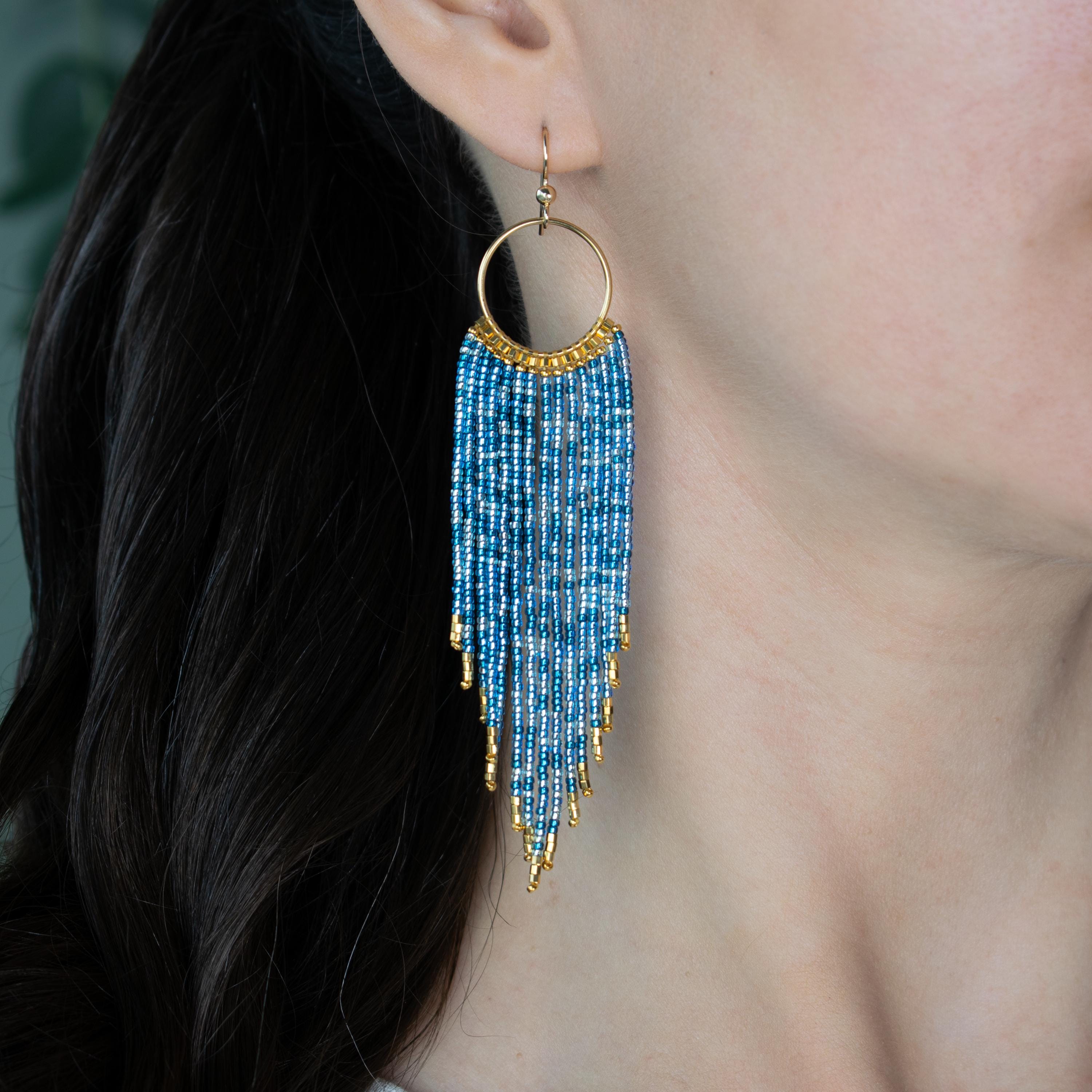 Azure Blue and Gold Beaded Fringe Earrings, Lightweight Long Beaded ...