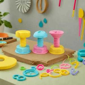 May include: Three colorful plastic toy screws with nuts. The screws are yellow, blue, and pink. The nuts are blue, pink, and yellow. The toys are on a brown surface with other colorful plastic toys.