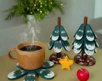 Christmas Wooden Tree Coasters |Potholders | Table Mats | Kitchen Decor | Heat Resistant | Creative Christmas Gift