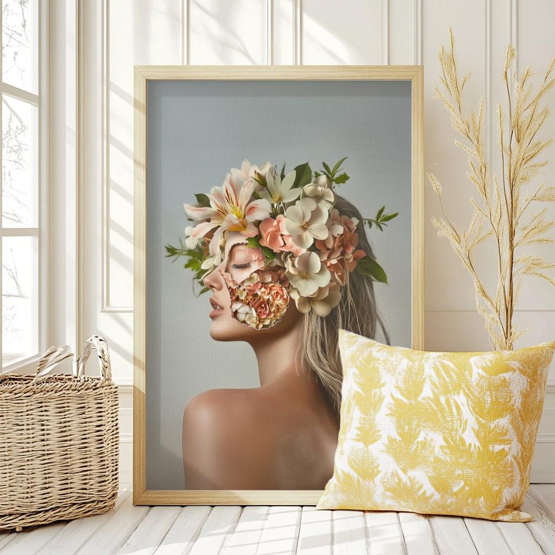Elegant Floral Portrait of a Woman With Flower Crown Artistic Wall Art ...