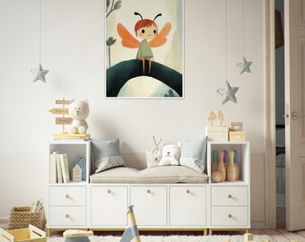 Fairy on Log Print: Woodland Kids Wall Art, Mythical Creature Series