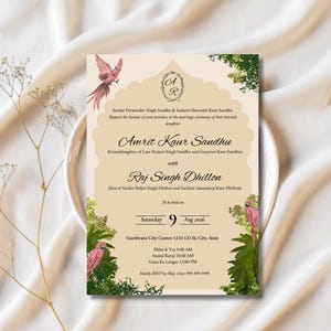 Ensemble de faire-part de mariage sikh punjabi crème neutre - Mendhi, Jago, Maiyan, Choora, Sangeet, réception - faire-part modifiable indien perroquet rose
