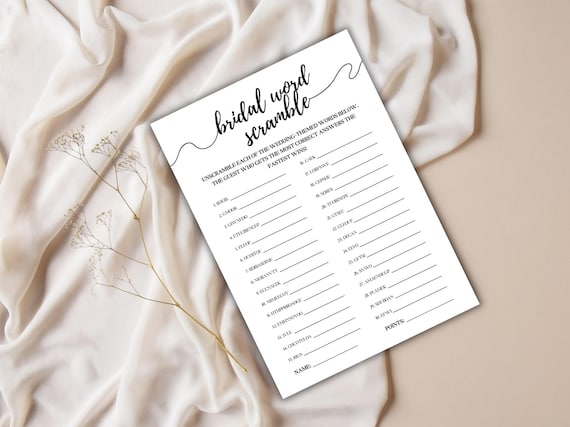 Bridal Word Scramble Game – Minimalist Elegant Bridal Shower Printable – Wedding, Bachelorette, Hen Party Activity - Black and White - Edit
