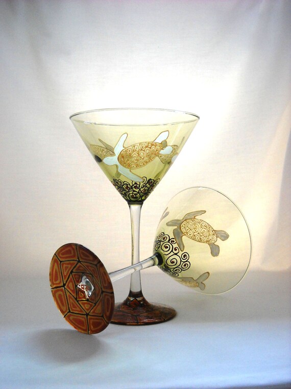 Sea Turtle Martini Glasses Hand Painted Glassware Coastal Art Etsy