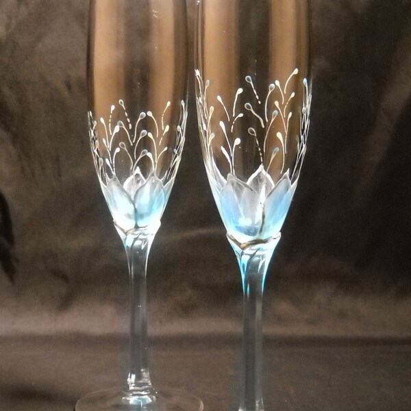 Blue Flower Flutes Wedding Glassware Hand Painted Water Blue Tulips Toasting Glasses