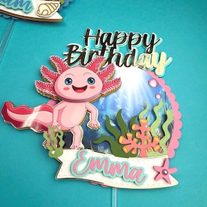 Axolotl Cake Topper Cute Axolotl Party decor Pink Axolotl Happy Birthday cake topper Ajolote Birthday Cake Decor customized name and age