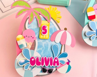 Pool Party Cake Topper Summer Cake topper Cute Pool Party decor Pool Party Birthday Cake Decor customized name and age Summer bash