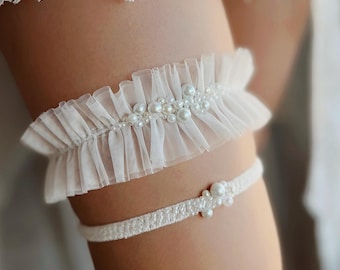 Liga elegante para la novia, Liga discreta de perlas, Liga nupcial sencilla, Conjunto de liga de tul con liga elástica para lanzar, Liga delicada para el muslo