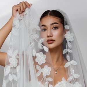 Fantasy floral wedding veil for bride, Whimsical embroidered bridal veil, Luxury chapel length veil, Royal bridal headpiece, Cathedral veil