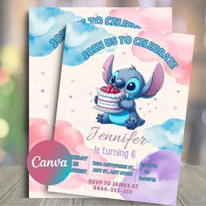 Editable Stitch Birthday Party Invitation Template, Cartoon Birthday Invitation, Stitch Birthday pool Party Invitation, Stitch Bday evite