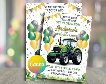Green Tractor Birthday Invitation: Farm Theme Party (Digital Download)