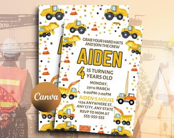May include: Construction-themed birthday party invitations. The design features yellow dump trucks, cranes, and traffic cones on a white background. The invitation includes the name "Aiden", age, date, time, and location details.