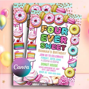 Four Ever Sweet Birthday Invitation: Donut & Ice Cream Party (Editable Printable)