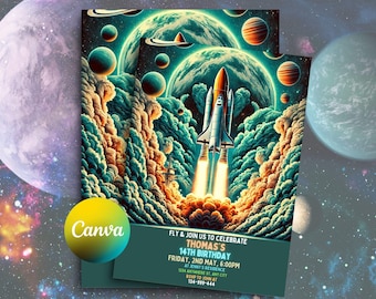 Outer Space Birthday Invitation Template: Rocket, Planets (Editable Canva Template)