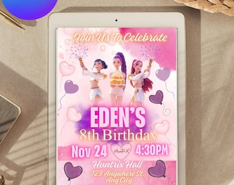 May include: A digital tablet displays a birthday party invitation. The invitation features a pink and purple color scheme with illustrations of three girls, balloons, and the text "Join Us To Celebrate." The invitation is for Eden's 8th Birthday, November 24th, 4:30 PM.