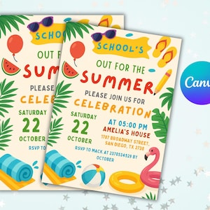Bearbeitbare Ende der Schulparty Schools Out Party Einladung, Download Sommer einladen mit CANVA