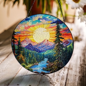 Mountain Range Glass Suncatcher Ornament, Stained Glass Window Decor, Nature Suncatcher For Window Hanging, Christmas Home Decor