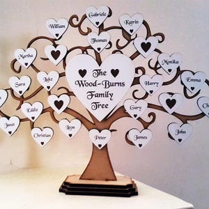 Könnte beinhalten: Ein Familienbaum aus Holz mit weißen Herzen, auf denen jeweils ein Name in Schwarz geschrieben steht. Das mittlere Herz ist größer und trägt die Aufschrift "The Wood-Burns Family Tree".