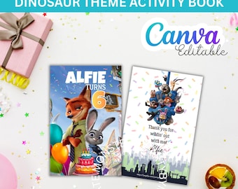 Mall för Zootopia 2-aktivitetsbok för födelsedagsfestgåvor. Redigerbar i Canva.