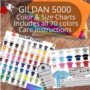 4 PNG de camisetas unisex de algodón pesado Gildan 5000: una tabla de colores de 70 camisetas, 2 tablas de tallas con los 15 colores principales e instrucciones de cuidado.