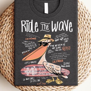 Pelican Surfer Sunset Beach Retro T-Shirt, Vintage Summer Beach Tee T-Shirt, Ride the Wave Tee, Beach Style, Summer Wear, Surfer Gift,