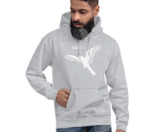 May include: A gray hooded sweatshirt with a white bird design and the text "MBS" on the front.
