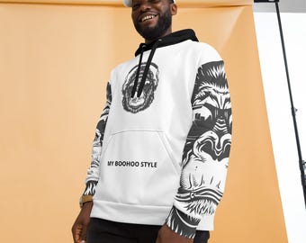 May include: White hoodie with a black hood and black sleeves. The front of the hoodie has a black and white gorilla graphic with headphones and the text "MY BOOHOO STYLE". The sleeves have a black and white gorilla graphic.