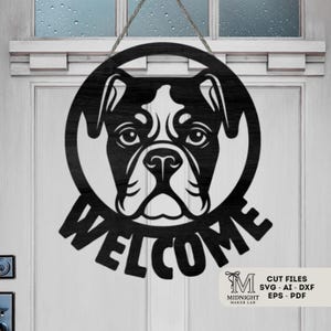 Boxer Dog Welcome Sign SVG: Laser Cut Pet Door Hanger (Digital Download), Great for DIY Glowforge Cricut Silhouette and Engraving Projects