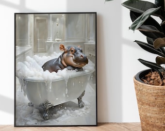 Cute Animal Bathroom Decor, Nursery Wall Art, Whimsical Baby Hippo, Hippo Wall Art, Hippo Nursery, Weird Hippo, printable wall art