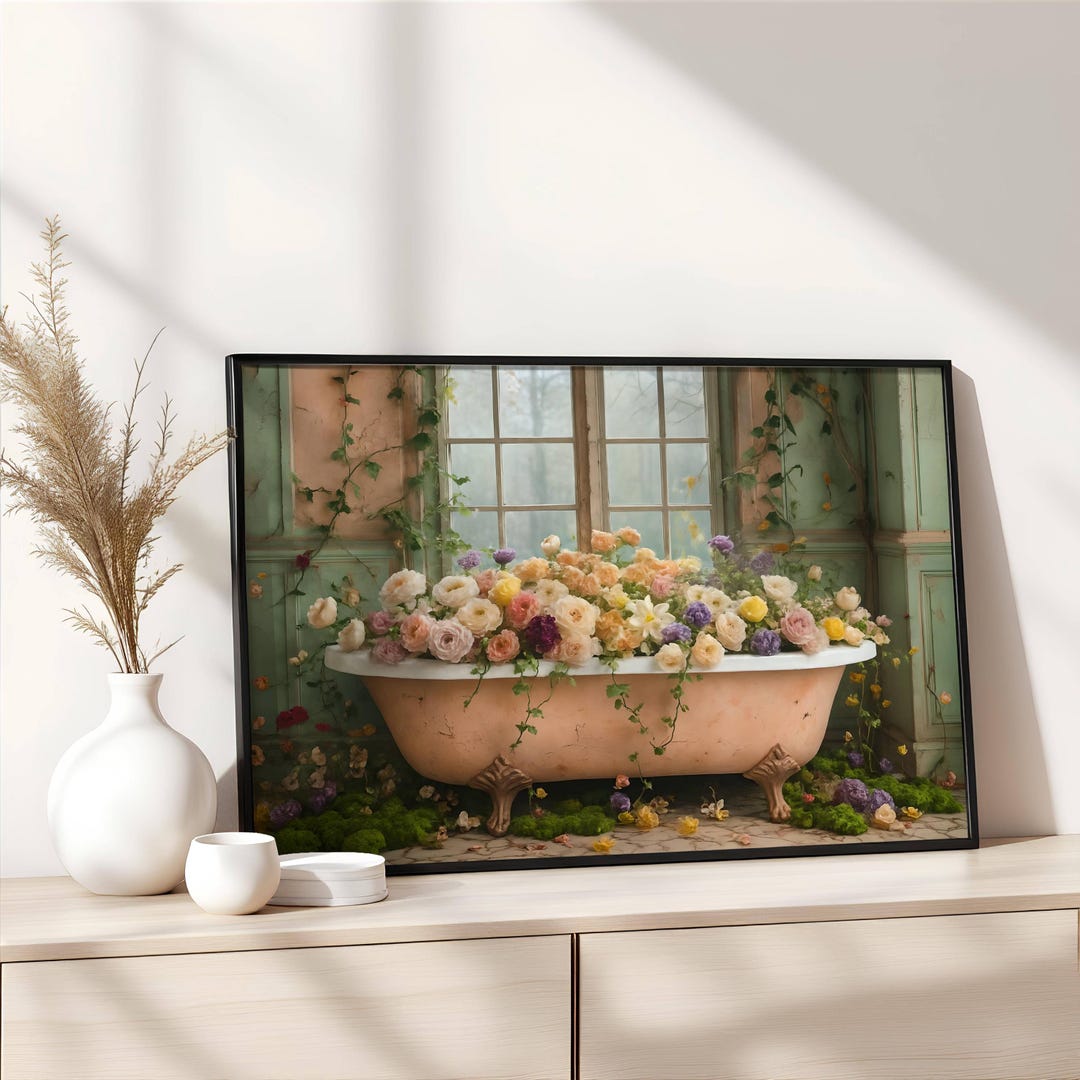 Vintage Floral Bathtub Wall Art Printable, Shabby Chic Bathroom Decor ...