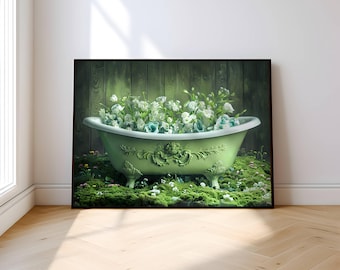 Weird Bathroom Wall Decor, Vintage Garden Tub Illustration, Whimsical Botanical Bathroom Aesthetic, Green Nature Art, Strange Wall Decor