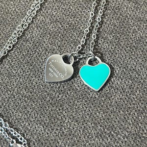 Vintage Tiffany & Co Chain Silver Necklace VTG Silver Heart Stamp Logo Green Heart