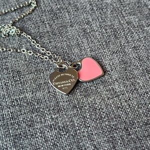 Vintage Tiffany & Co Chain Silver Necklace VTG Silver Heart Stamp Logo Pink Heart